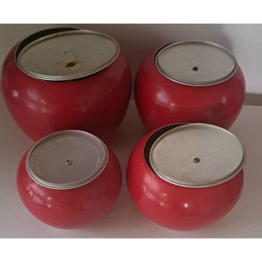 Vtg Red Apple 4-Pc Aluminum Metal Cannister Set MCM Kitchen - Picture 3 of 10